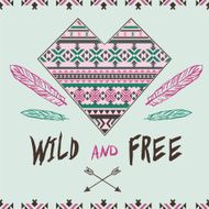 Tribal template for design with heart and feathers
