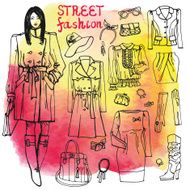 Girl and street fashion clothing set Sketchy on watercolor stein N2