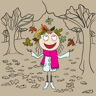 Girl in park throws autumn leaves Autumn landscape