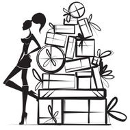 Woman leaning against a pile of wrapped gifts