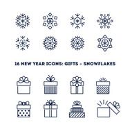 Snowflakes and gifts outline icons set for new year card