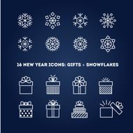 Snowflakes and gifts outline icons set for new year card N2