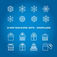 Snowflakes and gifts outline icons set for new year card N3