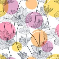 Vector seamless pattern with lotus flower and colorful watercolor blots