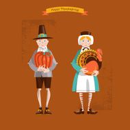 Boy and girl pilgrims with turkey pumpkin Thanksgiving card N2