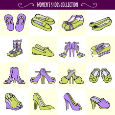 Hand drawn women's shoes in purple and green colors