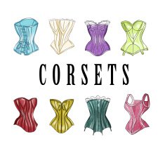 set of watercolor vintage and antique woman corsets