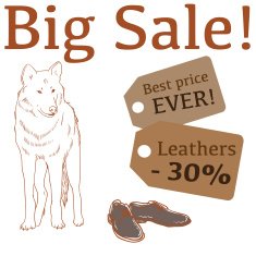 Big Sale illustration with wolf leather boots and labels