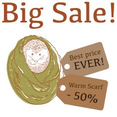 Big Sale illustration with cute hedgehog trendy scarf and labels