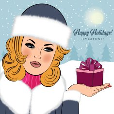 Sexy beautiful woman in the winter wishing "Happy Holidays"