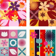 Set of striped pattern with flowers and leafs
