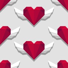 Triangular heart with wings seamless pattern