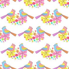 Seamless pattern with birds and flowers on a white background