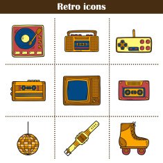 Set of hand drawn retro icons tv