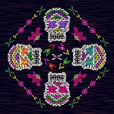 Mexican fabric background with flowers and Catrina`s skull