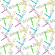 Seamless background of colorful dragonflies on a white