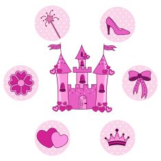 Set for a princess with castle on white background