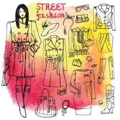 Girl and street fashion clothing set Sketchy on watercolor stein N2