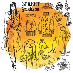 Girl and street fashion clothing set Sketchy in watercolor stein N2