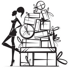 Woman leaning against a pile of wrapped gifts