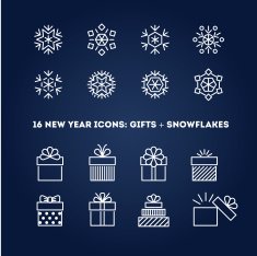 Snowflakes and gifts outline icons set for new year card N2