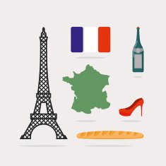 Icons symbols of France Eiffel Tower and map country Baguette