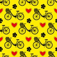 Seamless bicycle pattern City bike with hearts and flowers