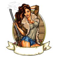 Hunting label with pretty woman holding shot gun
