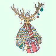 Christmas reindeer with gift and a sweater in the New