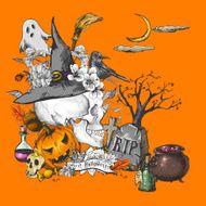Vintage Hand-drawn Halloween Invitation Card with Skull N2