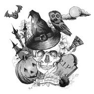 Monochrome Vintage Halloween Invitation Card with Skull