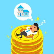Businessman falling asleep on money coins and dream about house N2