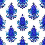 Blue hand drawn oriental seamless pattern on white background