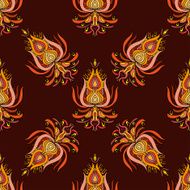 Orange hand drawn oriental seamless pattern on maroon background