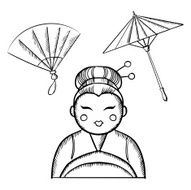 Geisha in kimono with fan and paper umbrella