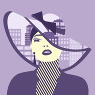 Vector double exposure illustration Woman with city in her hat