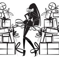 Woman among piles of gift boxes