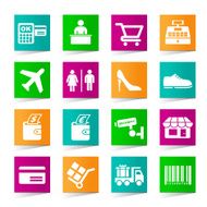 Set of Universal Shopping Icons on Square Colored Buttons