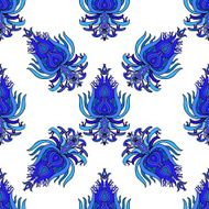 Blue hand drawn oriental seamless pattern on white background N2