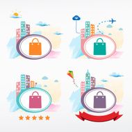 Shopping bag icon on city background