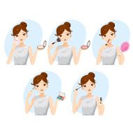 Young woman makes up with various actions set