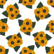 Seamless background with yellow sunflowers and leaves Vector illustration