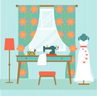 retro workplace seamstress with wedding dress flat vector illustration