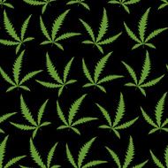Green Cannabis leafs on a black background seamless pattern