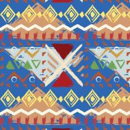 Hand drawn tribal colorful seamless pattern on blue background