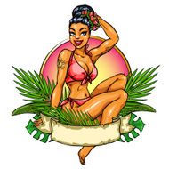 Label with pretty girl and ribbon banner