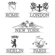 Arms Paris and Rome emblems New York London sign of