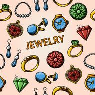 Seamless jewelry handdrawn pattern with- rings diamonds watch earrings pendant