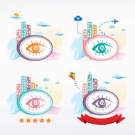 Human eye icon city background