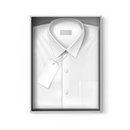 White classic men shirt with label in packaging box isolated